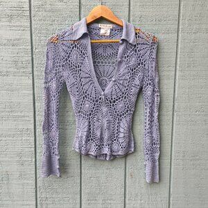 y2k Bebe Crochet Knit Fairy Boho Top sz S/M Blue Gray Festival Beach Whimsical